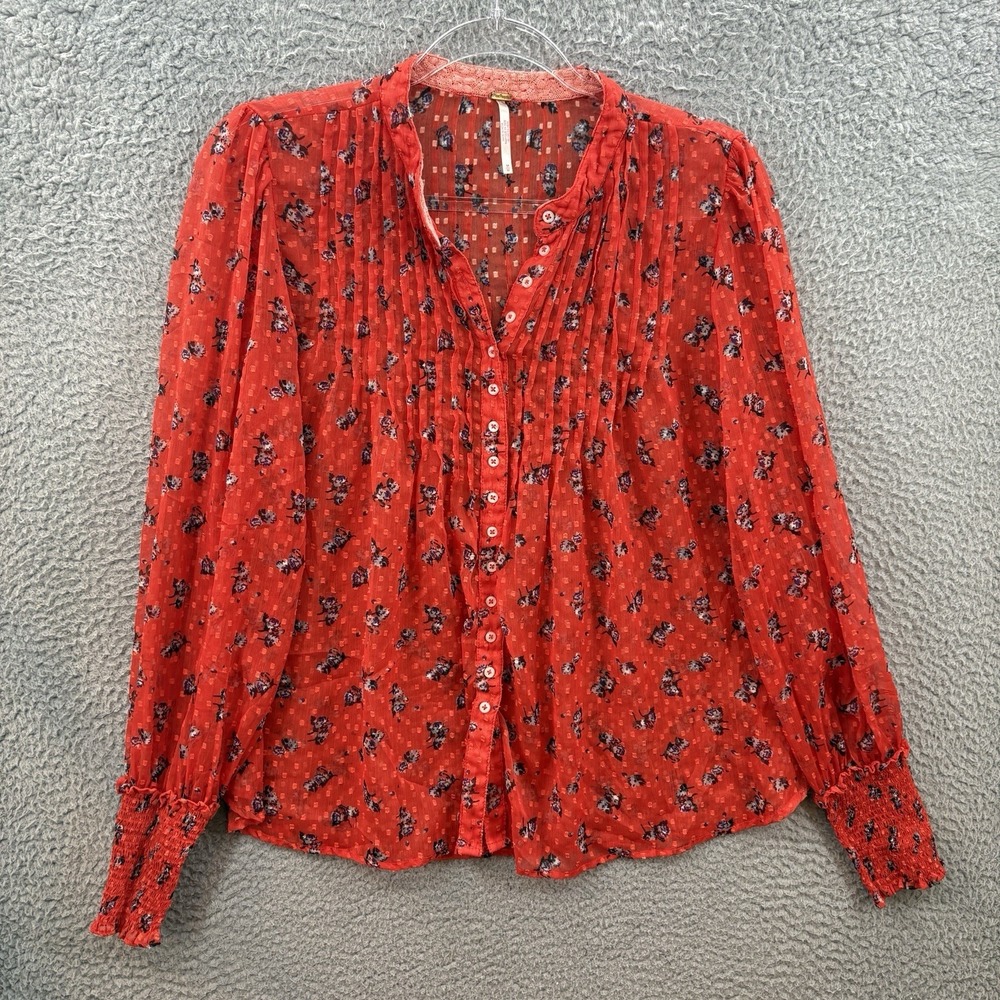 Free People Blouse Womens M Red Floral Button Up Flowers In December Cottage